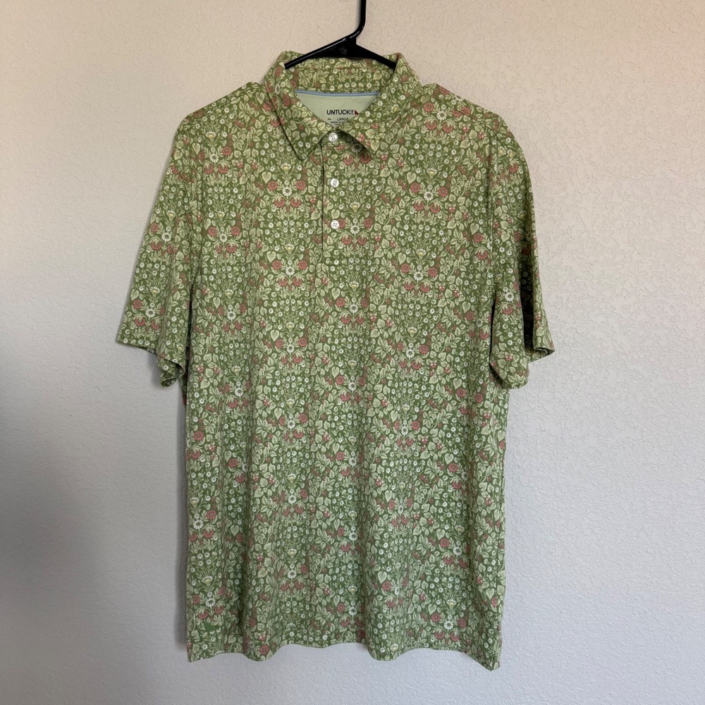 UNTUCKit Morris Green Floral Print Polo Shirt Mens Large Regular Fit Preppy Golf